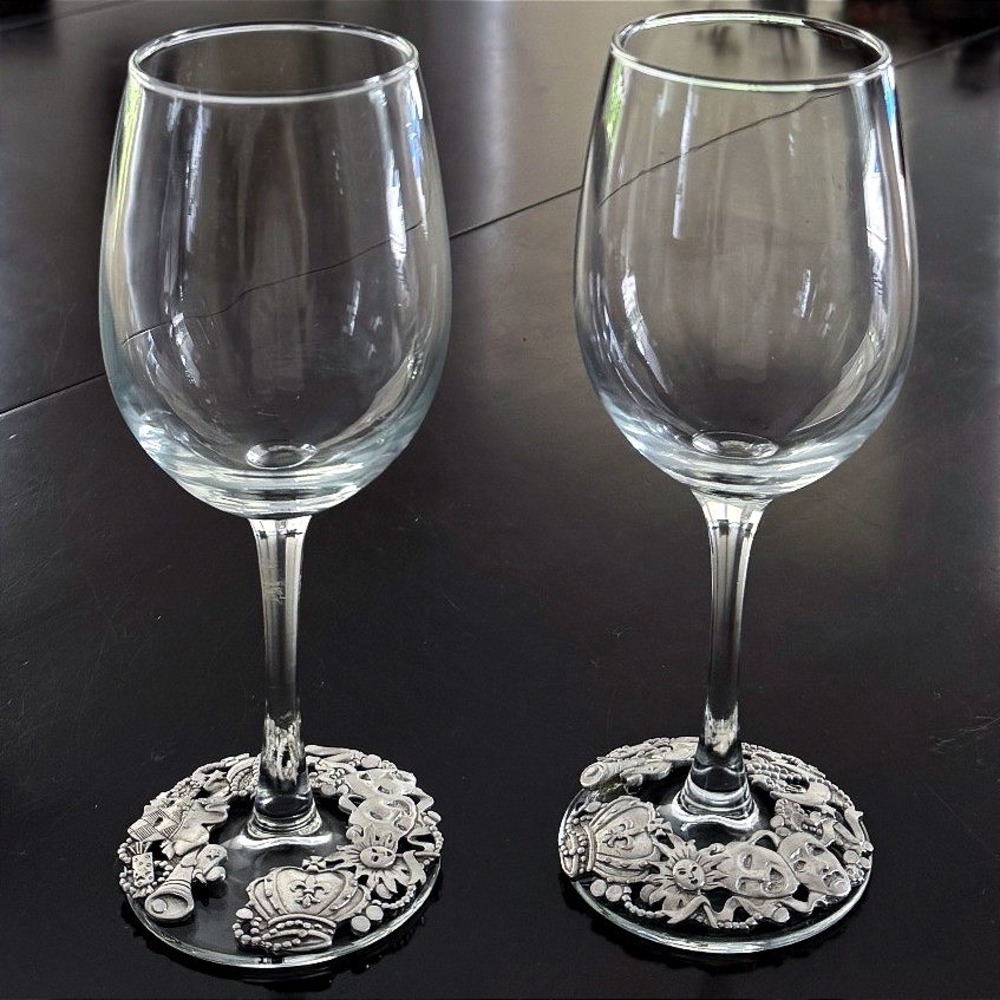 1990's Lindsay Claire Set of 2 Silver Pewter Base Wine Glasses Theater